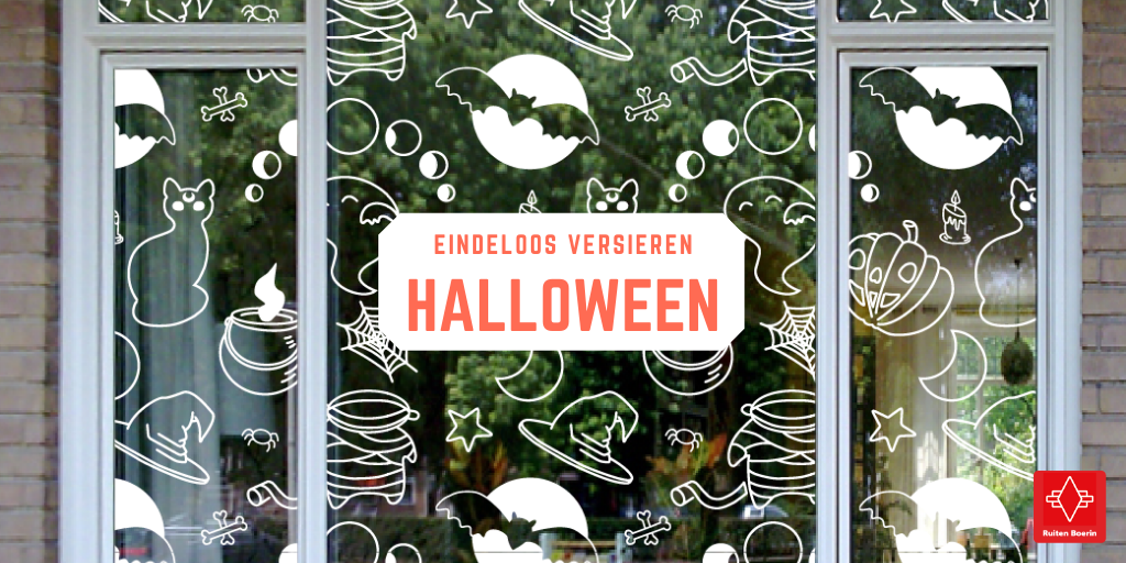 raam met Halloween patroon. Tekst: Eindeloos versieren: Halloween