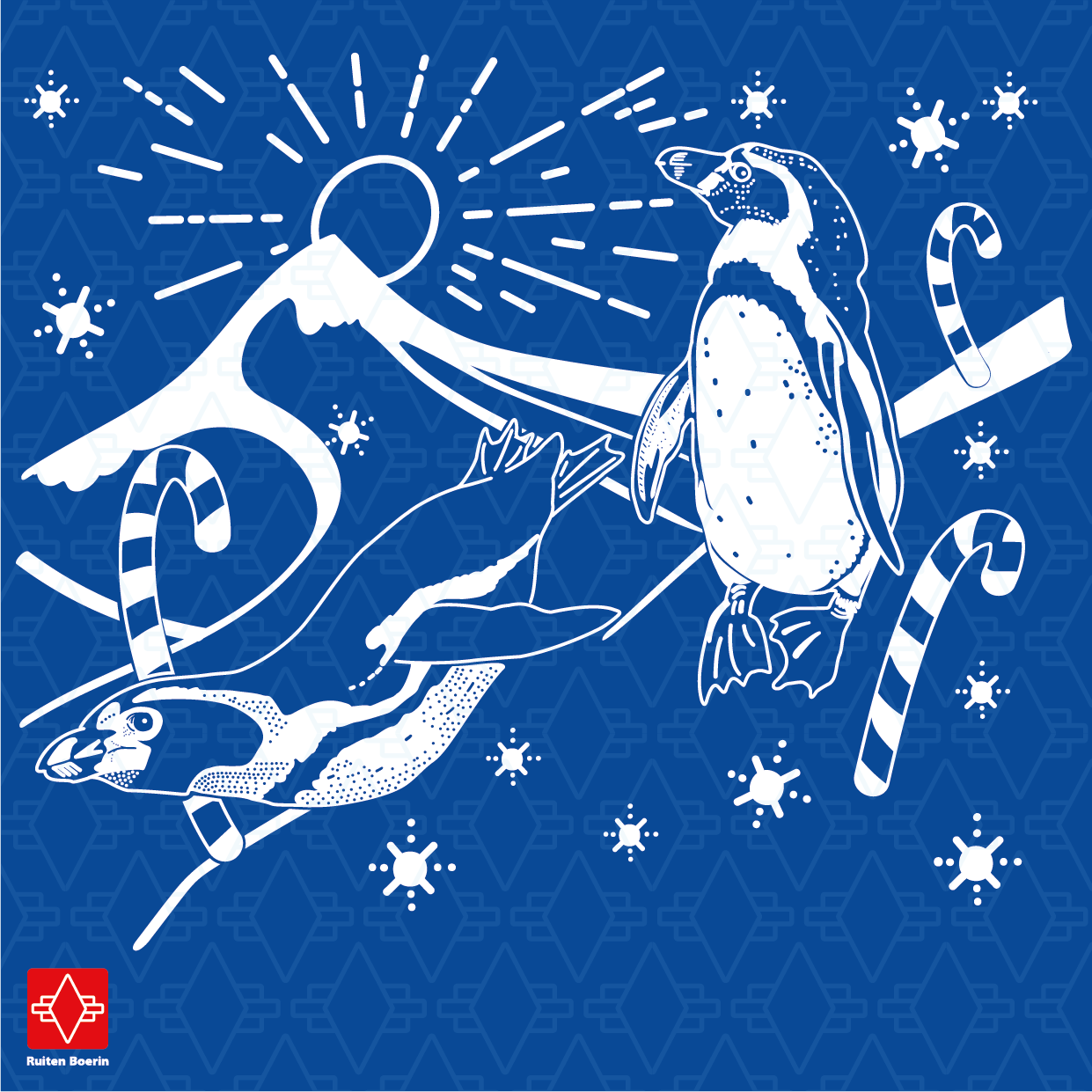 Pinguïn glijdt van berg met sneeuw af. Andere pinguïn staat ernaast. In de achtergrond schijnt de zon achter de bergen. Kerst sfeer met zuurstokken.