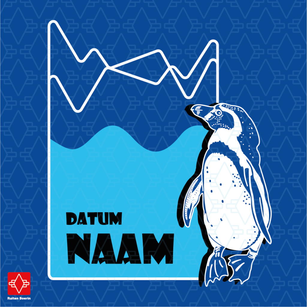Pinguin met in de achtergrond een abstract landschap van zee en ijsbergen. Links staat text, dat je kan aanpassen met geboortedatum en naam