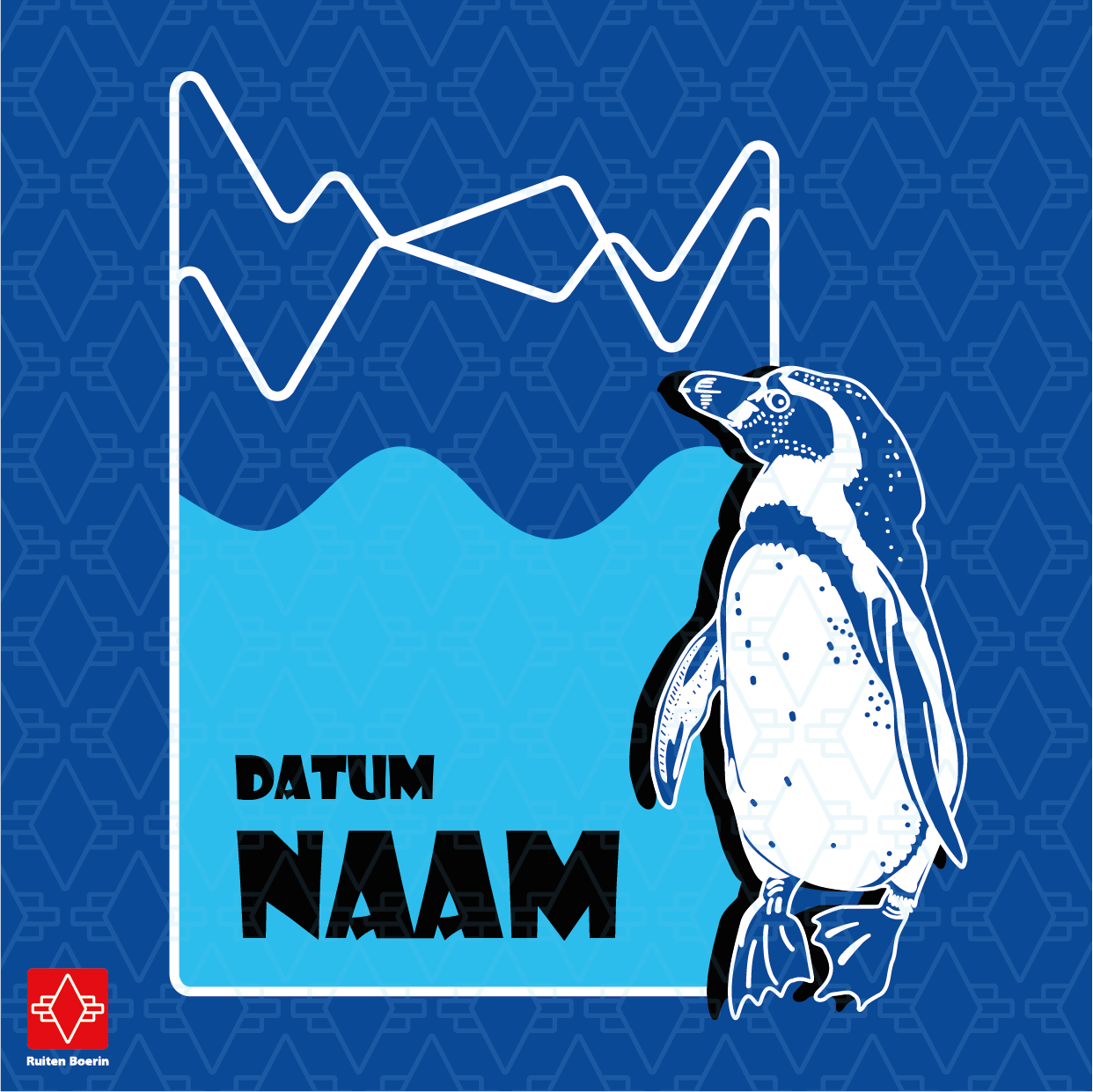 Pinguin met in de achtergrond een abstract landschap van zee en ijsbergen. Links staat text, dat je kan aanpassen met geboortedatum en naam
